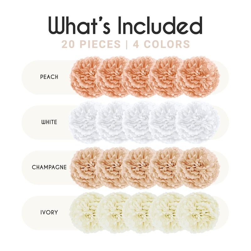 EPIQUEONE 20 Pieces Blush Pink, Dusty Rose, Mauve, Cream Tissue Paper Pom Poms - Ceiling and Party Decorations - Backdrop Flowers (White, Ivory, Peach, Champagne) - Image 2